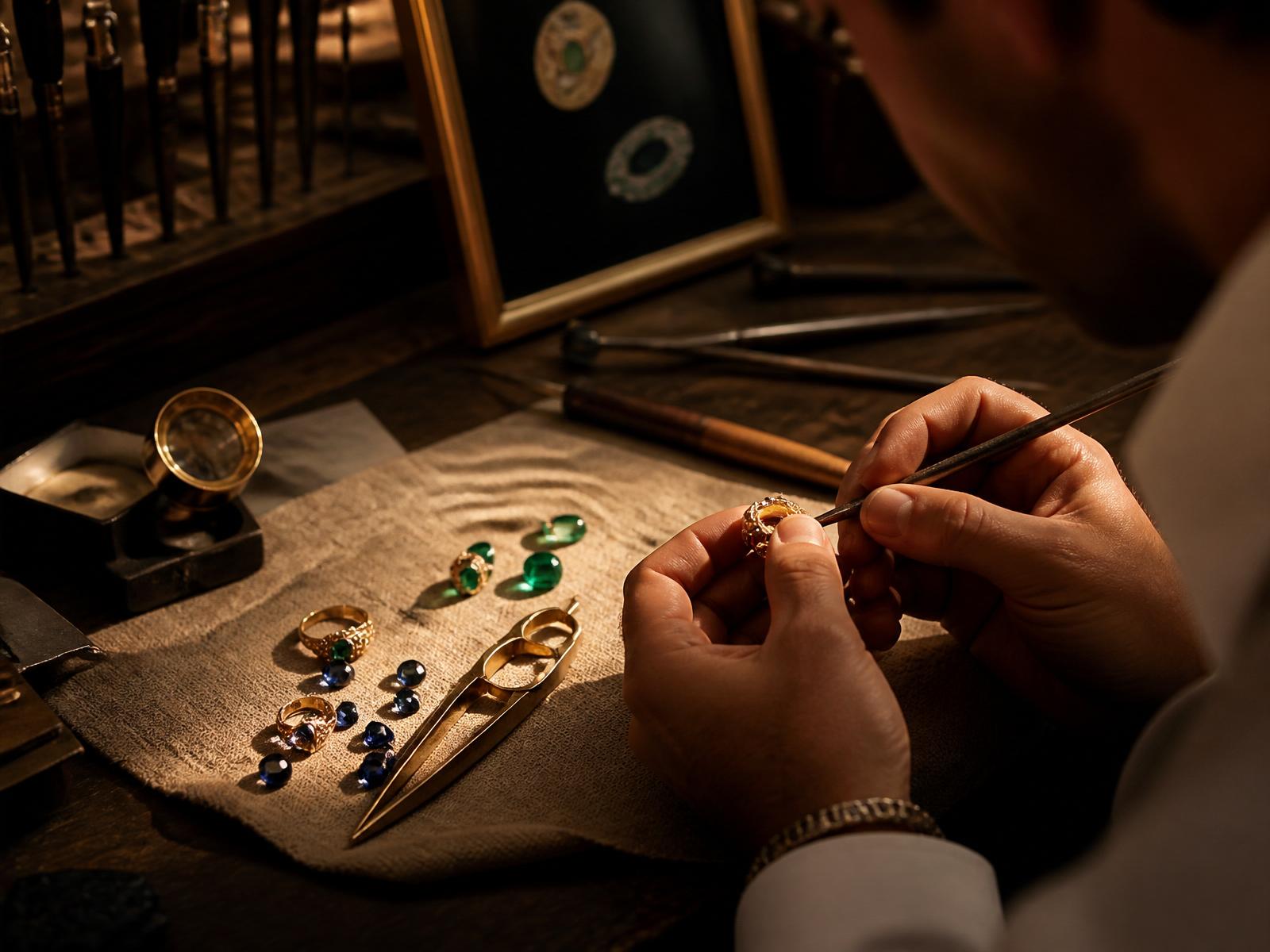 Jeweler crafting a gemstone ring in the atelier